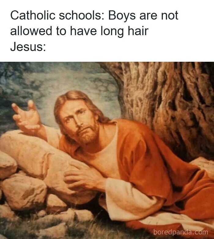 Clever mythology memes showing Jesus with long hair responding to Catholic school rules, a top-tier mythology meme.