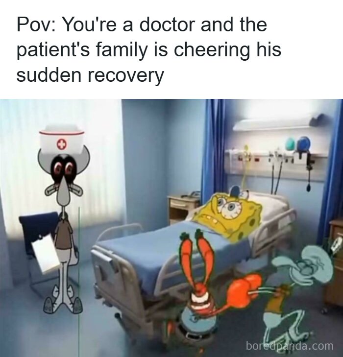 A cartoon of SpongeBob in a hospital bed with Squidward as a doctor, and other characters cheering, representing people explaining the joke.