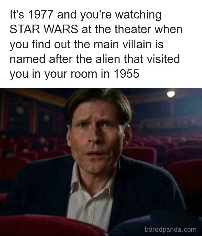 A man looking shocked in a movie theater after watching Star Wars, illustrating people needing a joke explained.