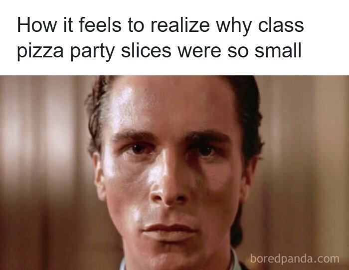 A meme with a surprised man realizing why class pizza party slices were so small, needing someone to explain the joke.