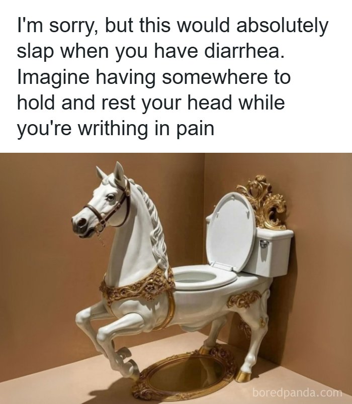 Hilarious memes featuring a horse-shaped toilet for comfort during illness.