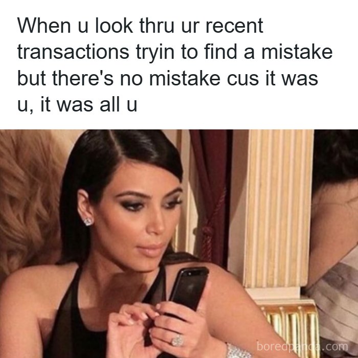 Hilarious meme of Kim Kardashian looking at her phone, representing a relatable moment of finding transaction errors.