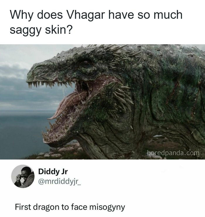 Image of the dragon Vhagar from House of the Dragon, with its mouth open, illustrating a funny pop culture post.