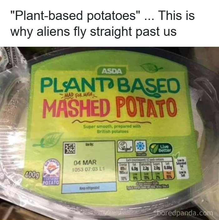 A package of ASDA brand plant-based mashed potato, highlighting a cultural decline into idiocy.