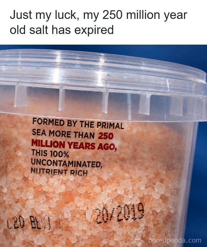 A close-up hilarious meme of a salt container with an expiration date of 2019, despite being 250 million years old.