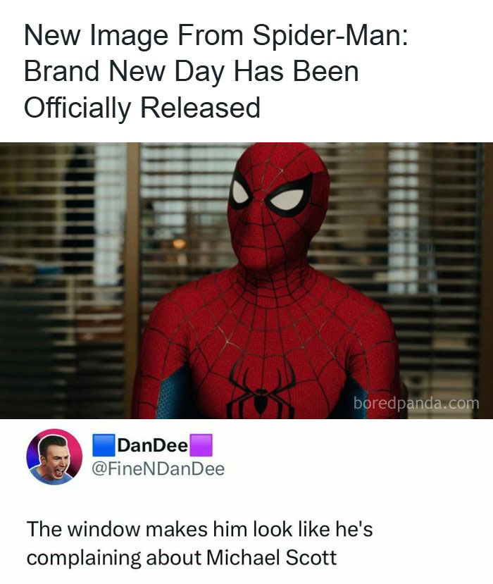 Funny pop culture post of Spider-Man looking like he's complaining in a window, shared for good vibes.