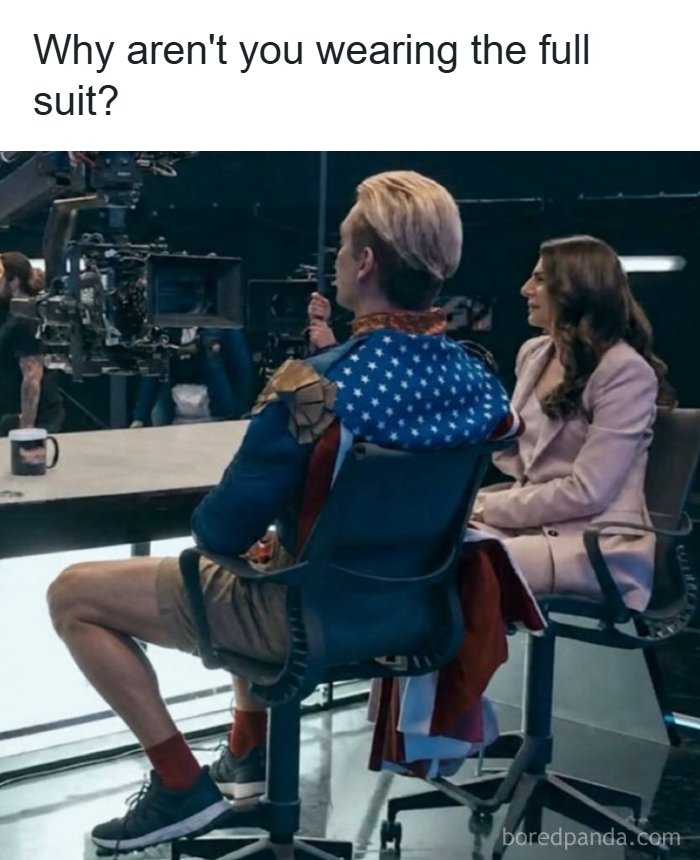 A funny pop culture post meme from The Boys, showing Homelander in a suit jacket, shorts, and sneakers, creating good vibes.