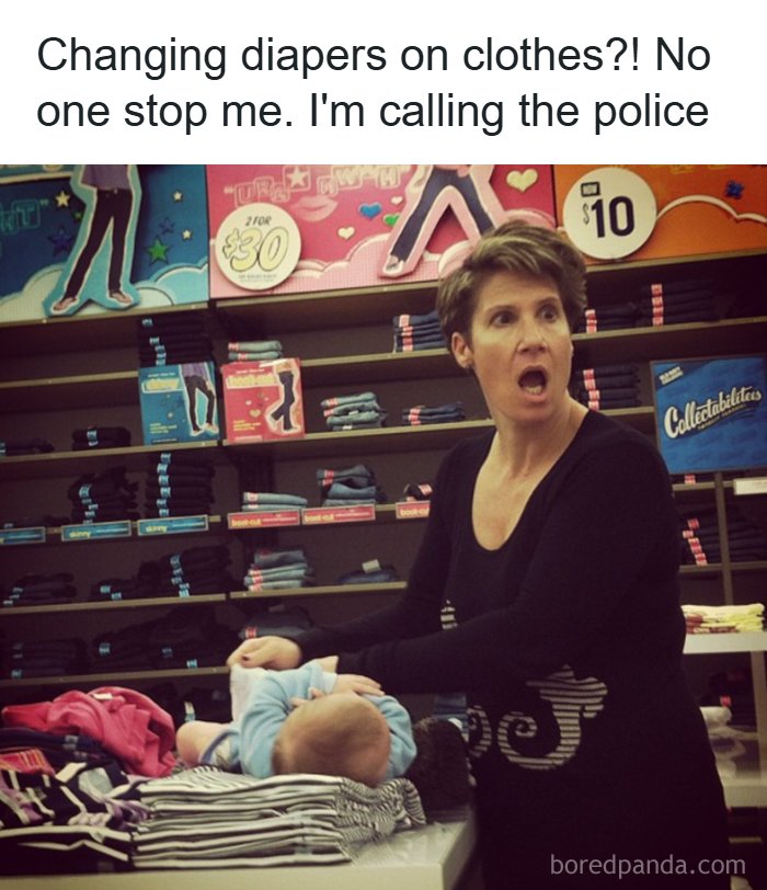 A woman changing a diaper on clothes in a store, a ridiculous post about cultural decline into idiocy.
