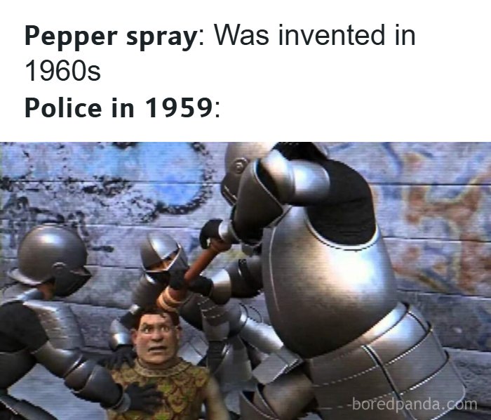 Funny pop culture posts featuring a meme about police in 1959 using an alternative to pepper spray.