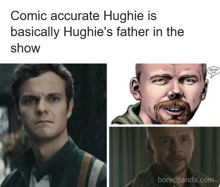 A meme from funny pop culture posts, comparing two versions of Hughie from The Boys to his father, Simon Pegg.