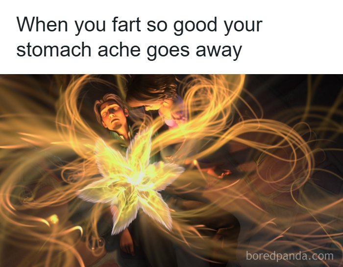 A meme about a satisfying fart, an example of funny pop culture posts to send friends for good vibes.