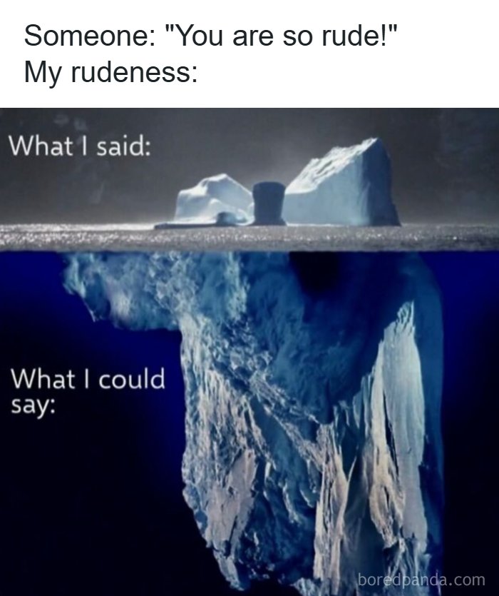 Hilarious meme illustrating rudeness with an iceberg, showing a small visible part and a large hidden part.