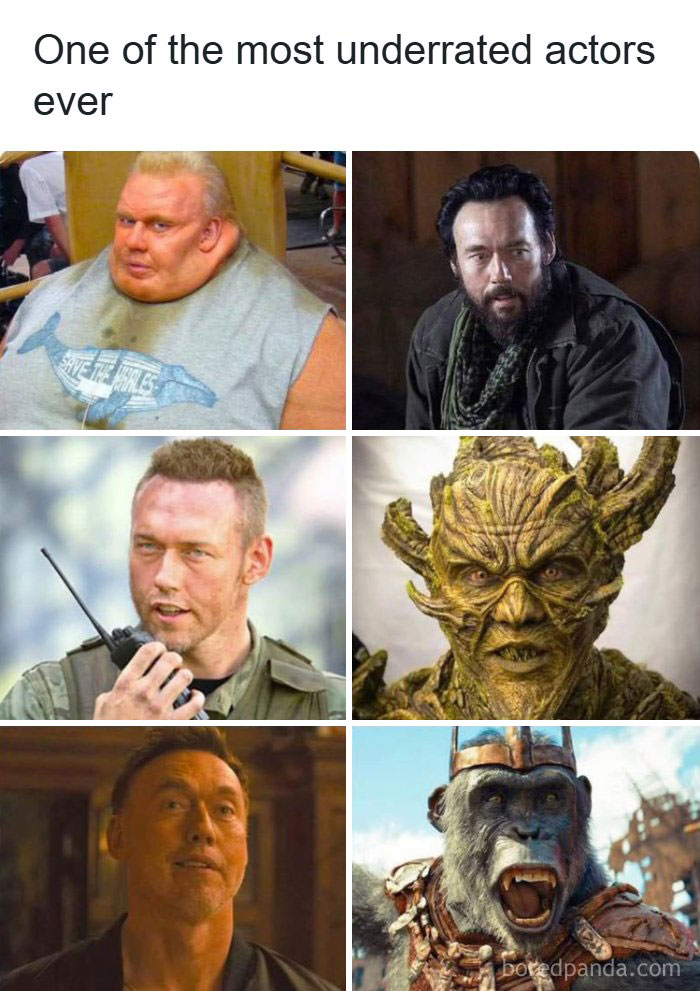 A collage of six images of a single actor in various roles, a funny pop culture post highlighting his versatility and good vibes.