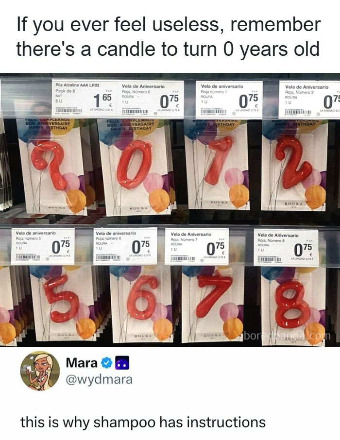 A display of birthday candles labeled 0-9 for celebrating birthdays, highlighting America's cultural decline.