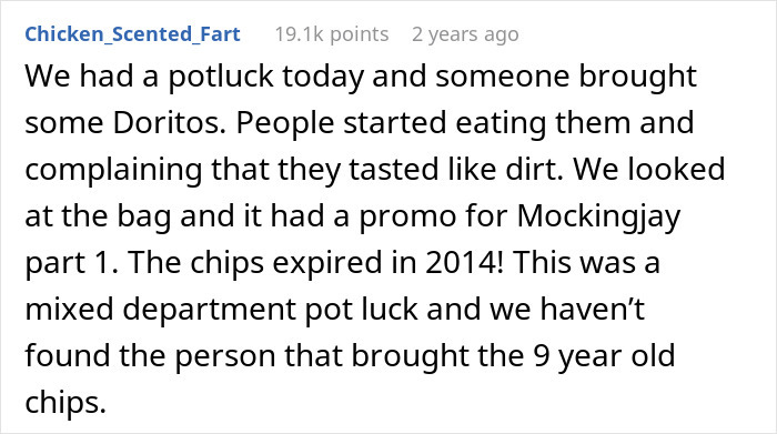Disgusting food: Expired Doritos from 2014, tasting like dirt at a potluck, a publicly shamed item.