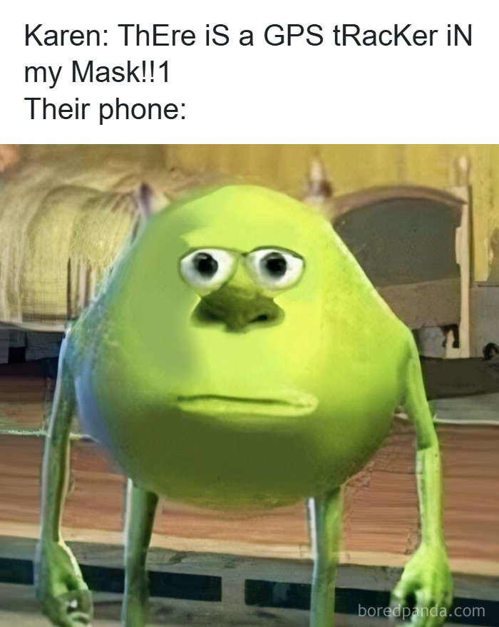 A meme with Mike Wazowski looking confused and text discussing GPS trackers, showcasing human stupidity.
