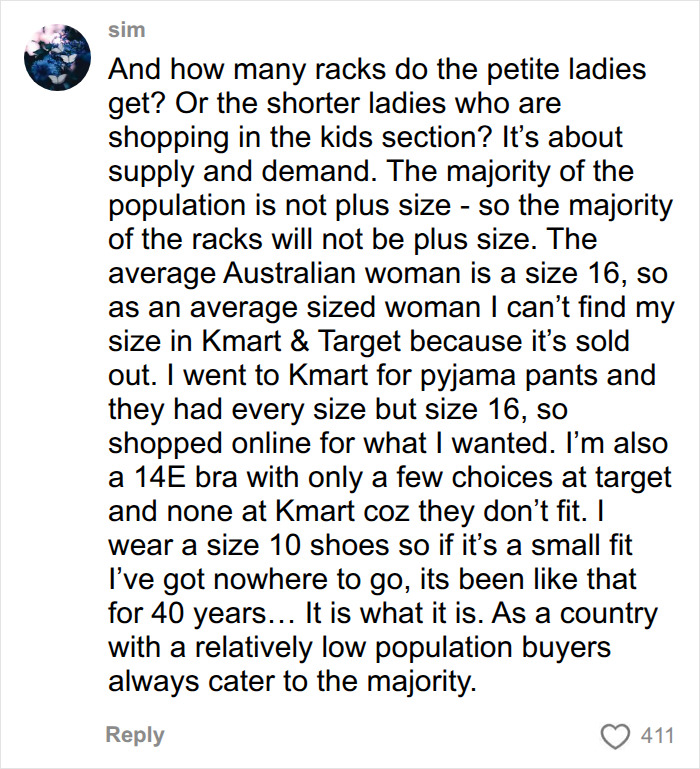 A comment about supply and demand for plus-size clothing and average Australian women's sizes. A comment about supply and demand for plus-size clothing and average Australian women's sizes.