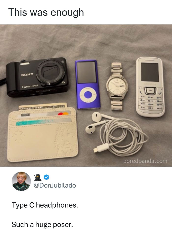 A collection of vintage tech, including a digital camera, iPod, watch, and flip phone, offering a quick laugh.