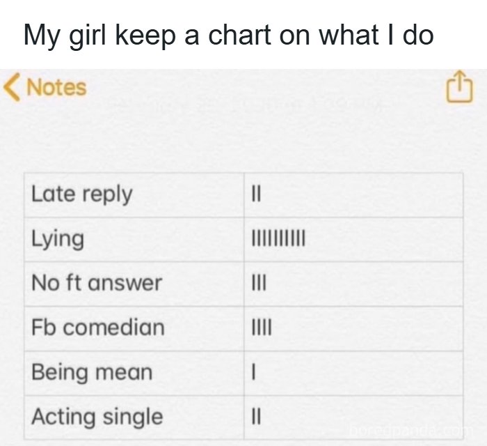 A funny post showing a chart of a girlfriend tracking her partner's actions, capturing the reality of being an adult.