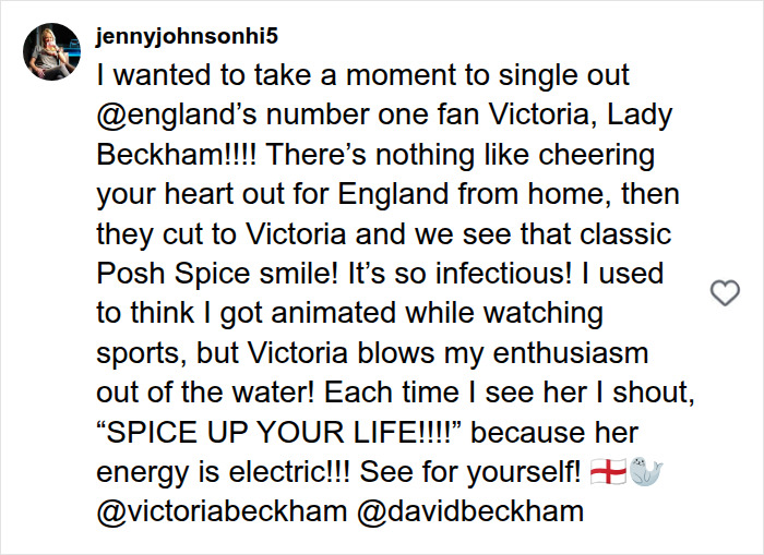 A social media post praising Victoria Beckham for her enthusiastic support during the World Cup. A social media post praising Victoria Beckham for her enthusiastic support during the World Cup.