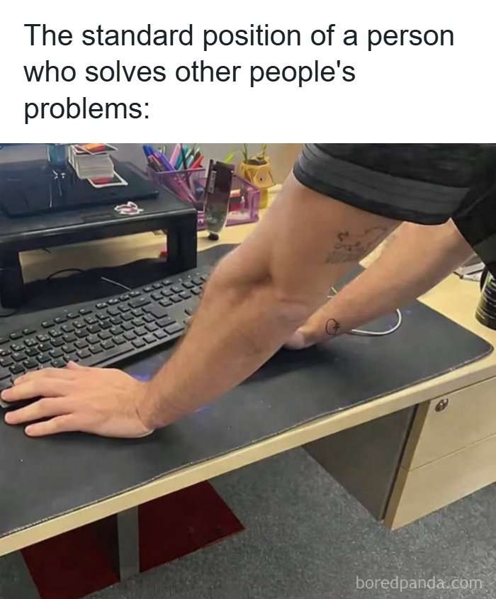 Funny image capturing the reality of being an adult, showing an arm awkwardly reaching for a keyboard.