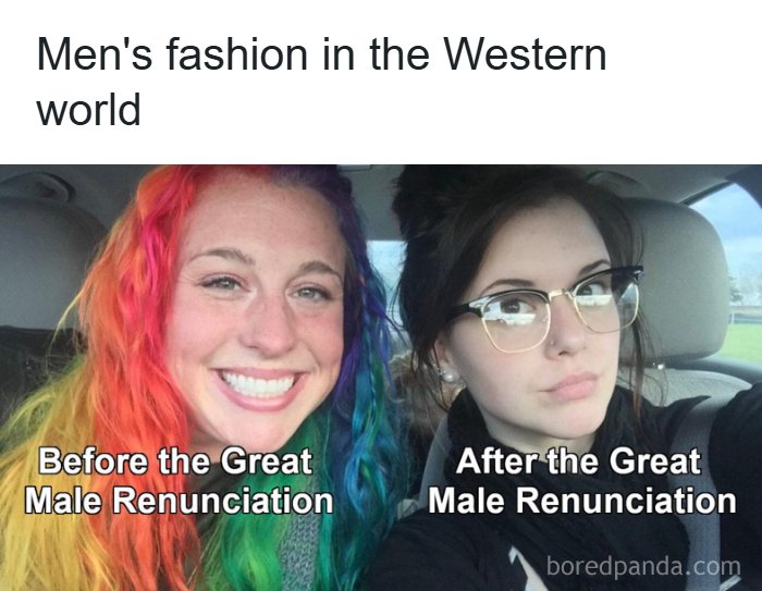 A history meme contrasting mens fashion Before and After the Great Male Renunciation, featuring two women with different hairstyles.