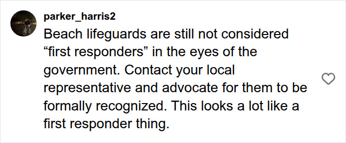 A comment advocating for beach lifeguards to be recognized as first responders after a heroic ocean rescue. A comment advocating for beach lifeguards to be recognized as first responders after a heroic ocean rescue.