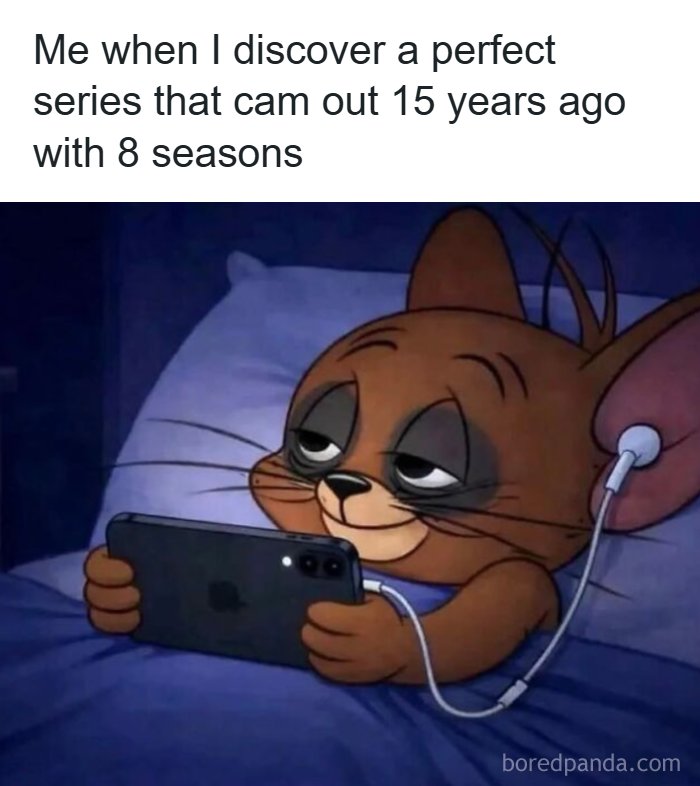 A relatable meme shows a cartoon Jerry from Tom and Jerry looking tired while watching a phone in bed with headphones.
