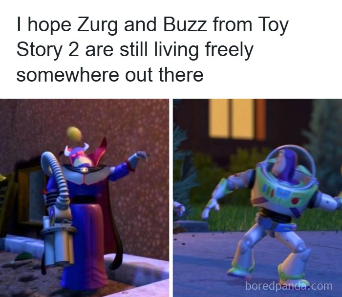 A split image shows Zurg and Buzz Lightyear from Toy Story 2. A funny pop culture post for instant good vibes.