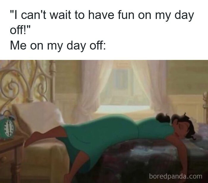 Hilarious meme showing a person comically exhausted and sleeping on their day off, a relatable scene.