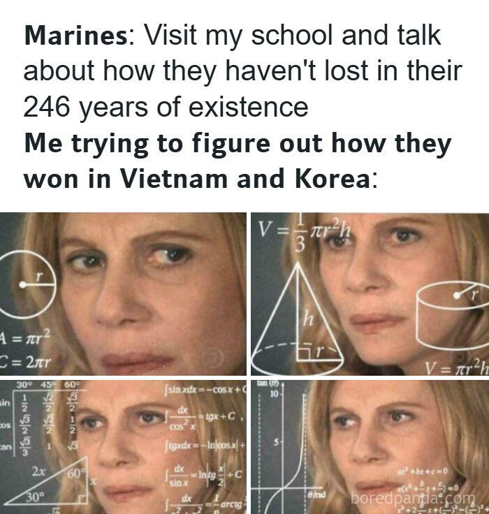 A history meme featuring a confused woman with math equations, questioning Marine Corps history of never losing.
