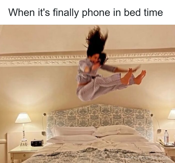 Hilarious meme of a person excitedly jumping onto a bed for relatable phone time before sleep.