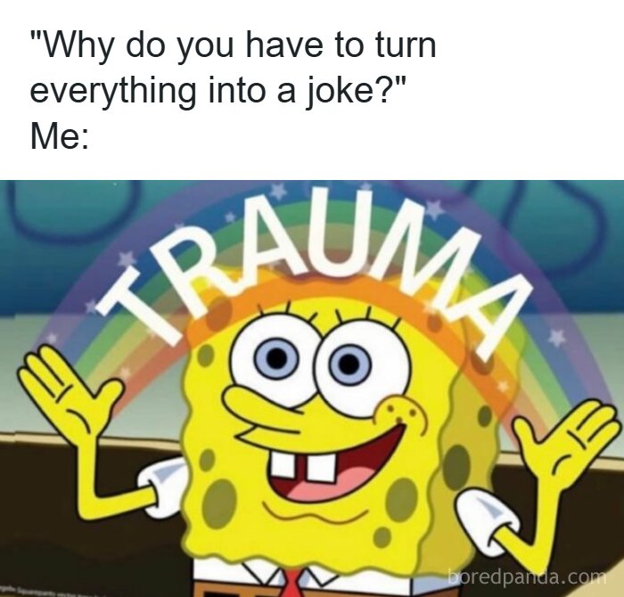 A funny meme of Spongebob Squarepants with the word TRAUMA as a rainbow above him, making a joke.