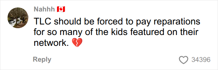 A social media comment from Nahhh (Canada) stating TLC should pay reparations for kids on their network, concerning Collin Gosselin's public battle.