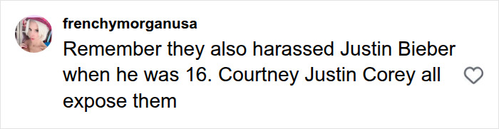 An Instagram comment from frenchymorganusa comparing Courtney Stodden's experience to Justin Bieber's harassment. An Instagram comment from frenchymorganusa comparing Courtney Stodden's experience to Justin Bieber's harassment.