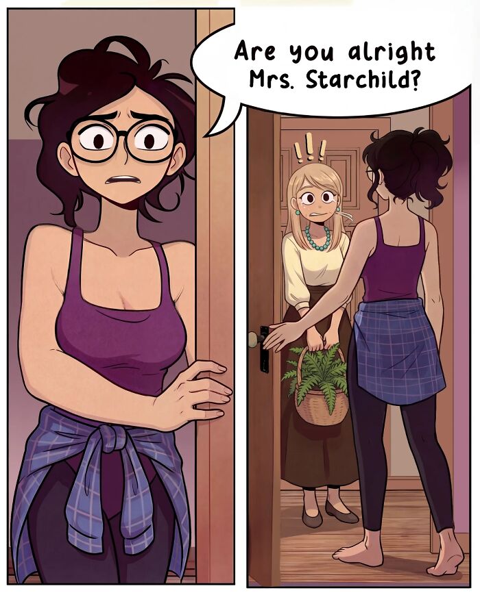 A comic showing a woman surprised by her friends being next door, capturing life before smartphones in Victor Gnarly's comics.