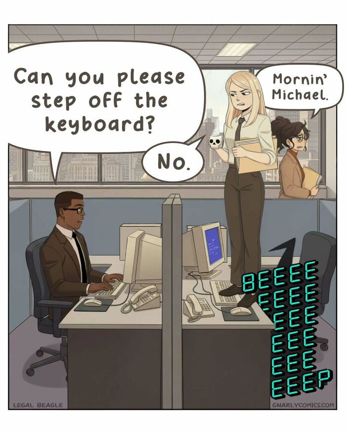 Victor Gnarly's nostalgic comics illustrate life before smartphones, with a woman talking about theme songs in an office.
