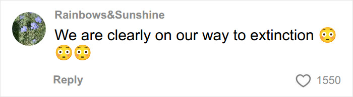 A comment about a man's unhinged voice memo and modern dating, reading: We are clearly on our way to extinction. with shocked emojis. A comment about a man's unhinged voice memo and modern dating, reading: We are clearly on our way to extinction. with shocked emojis.