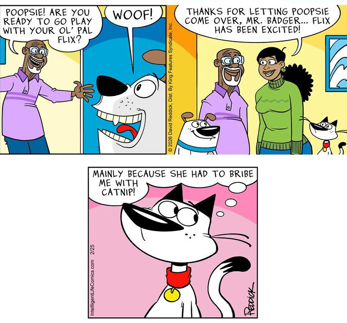 Cartoonist David Reddick comic illustrating the joy of pets playing together and a cat demanding a bribe of catnip.
