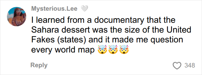 A comment from a user questioning world maps after learning the Sahara Desert's actual scale.