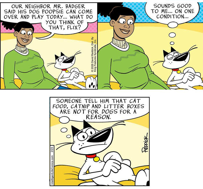 A comic by cartoonist David Reddick with a woman and her cat discussing a dog coming to play, highlighting cat preferences.