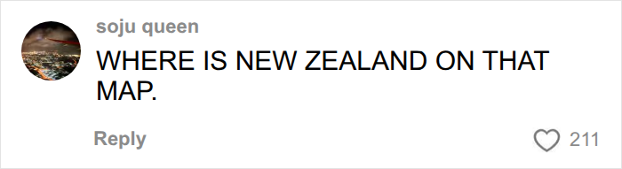 A comment asking about New Zealand's location on a map, relating to the actual scale of continents.