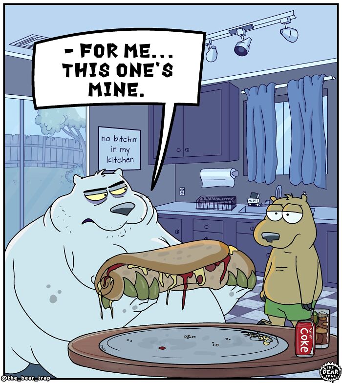 A comic showing a large white bear preparing to eat a pizza while a smaller brown animal character watches. The bear is in a kitchen, and there is a can of soda next to the pizza. This is an example of hilarious animal comics.