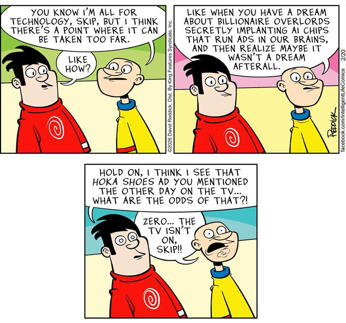 A comic by cartoonist David Reddick illustrating characters talking about technology going too far and AI chips.