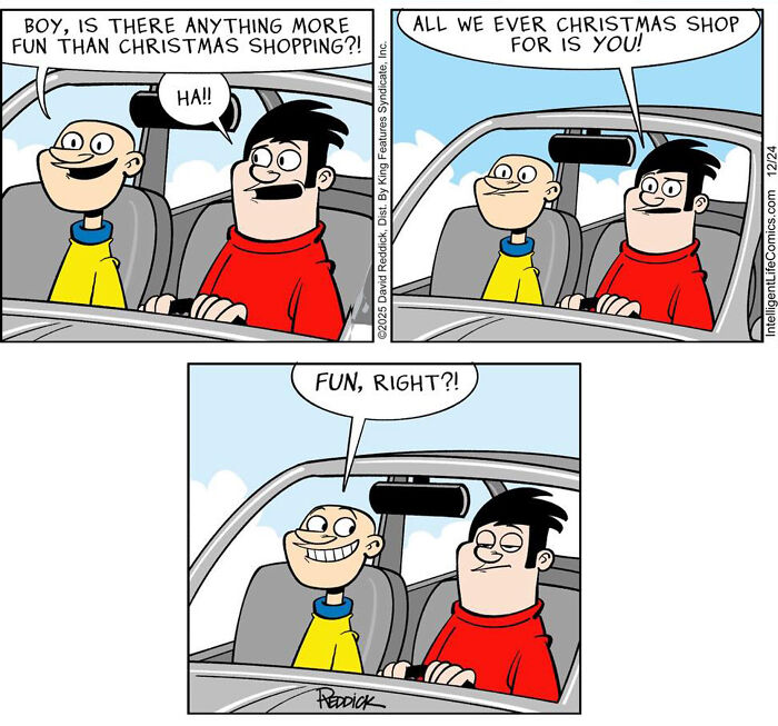 A comic by cartoonist David Reddick showing characters in a car, discussing Christmas shopping with sarcasm.