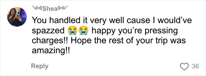 A comment commending the bride-to-be's handling of the wallet incident mid-flight and hoping for a great trip. A comment commending the bride-to-be's handling of the wallet incident mid-flight and hoping for a great trip.