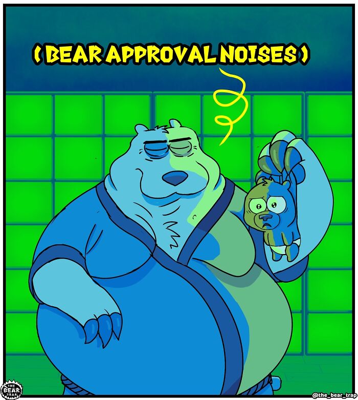 Hilarious animal comics: A large bear in a martial arts uniform with a sword, telling a smaller bear about destiny.