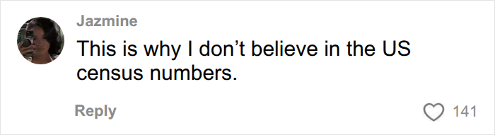 A comment from Jazmine stating disbelief in US census numbers due to the actual scale of the continents.