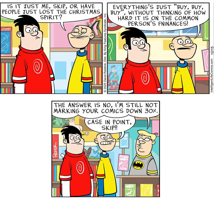 A comic by cartoonist David Reddick depicting characters discussing the loss of Christmas spirit and consumerism.