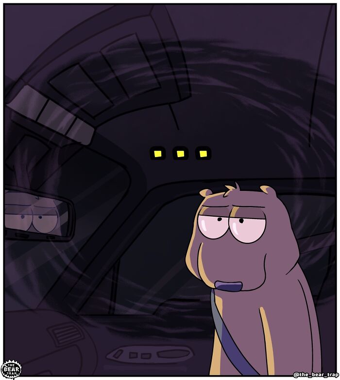 A comic of a bear inside a car, ready to scratch a double-parked car with his claws. Hilarious animal comics.